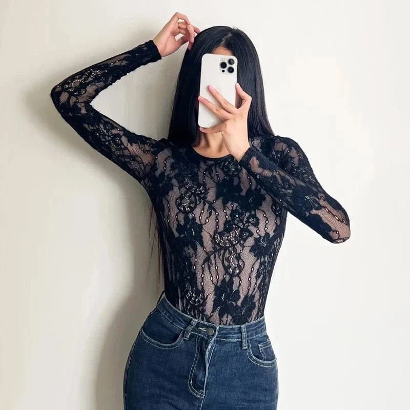 Women's Crew Neck Double Layer Long Sleeved Lace Bodysuit - A-1 Thread Vault