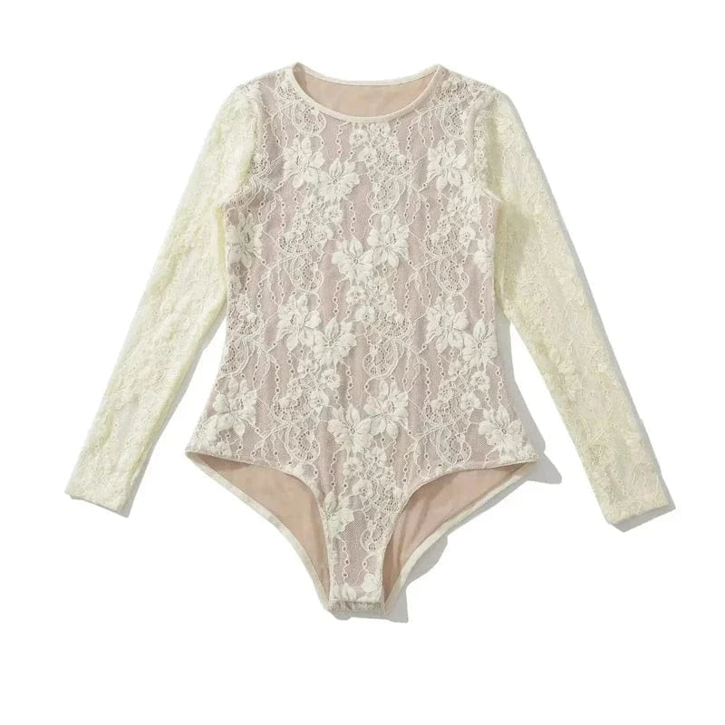 Women's Crew Neck Double Layer Long Sleeved Lace Bodysuit - A-1 Thread Vault