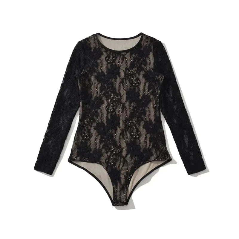 Women's Crew Neck Double Layer Long Sleeved Lace Bodysuit - A-1 Thread Vault