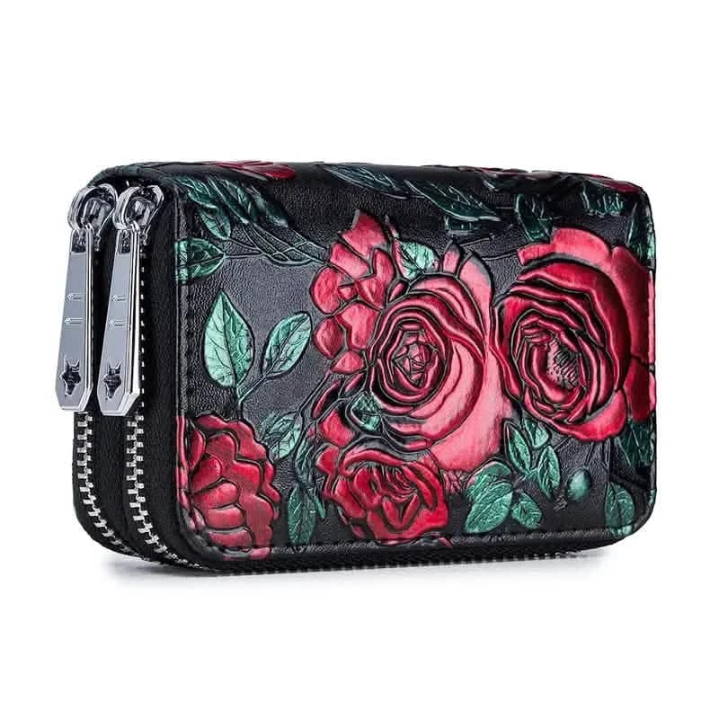 Women's Floral Faux Leather Double Zipper Card Holder and Coin Purse - A-1 Thread Vault