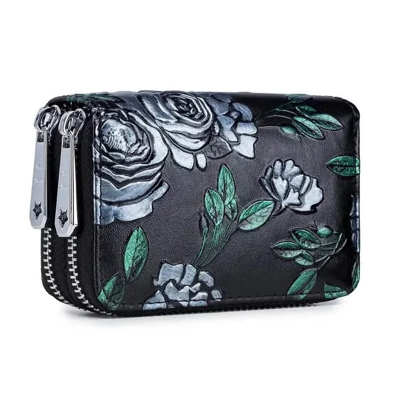 Women's Floral Faux Leather Double Zipper Card Holder and Coin Purse - A-1 Thread Vault
