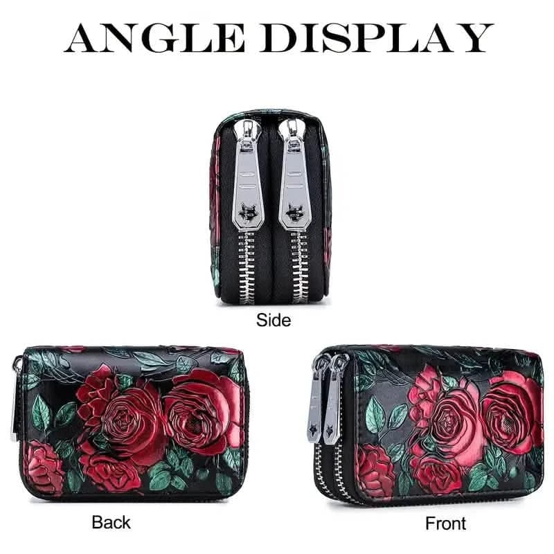 Women's Floral Faux Leather Double Zipper Card Holder and Coin Purse - A-1 Thread Vault