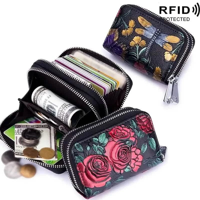 Women's Floral Faux Leather Double Zipper Card Holder and Coin Purse - A-1 Thread Vault