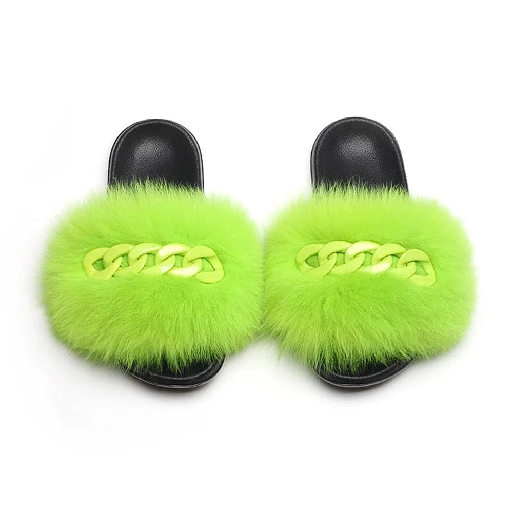 Women’s Fluffy Fox Fur Chain Slides - A-1 Thread Vault