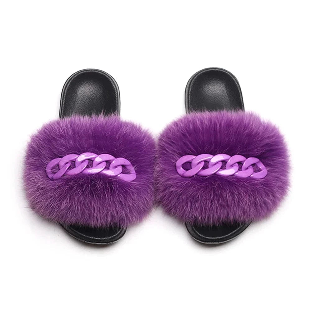 Women’s Fluffy Fox Fur Chain Slides - A-1 Thread Vault