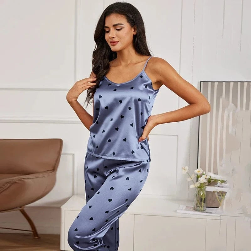 Women's Home Clothes Sexy V Neck Pajama Silk Pajamas Set Sleepwear Satin Cami Vest with Trousers Pajamas 2 Piece Sets Loungewear - A-1 Thread Vault