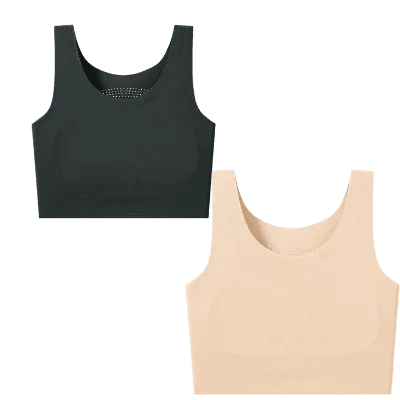 Two seamless sports bras with wide shoulder straps and a scoop neckline, one in black and one in beige, displayed against a plain background.