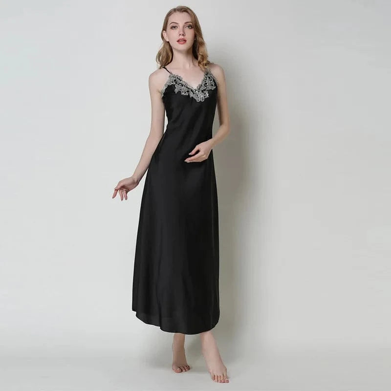 Women's Nightdress Lace Satin Nightgowns Sexy Lingerie Long Chemise Sleepwear - A-1 Thread Vault