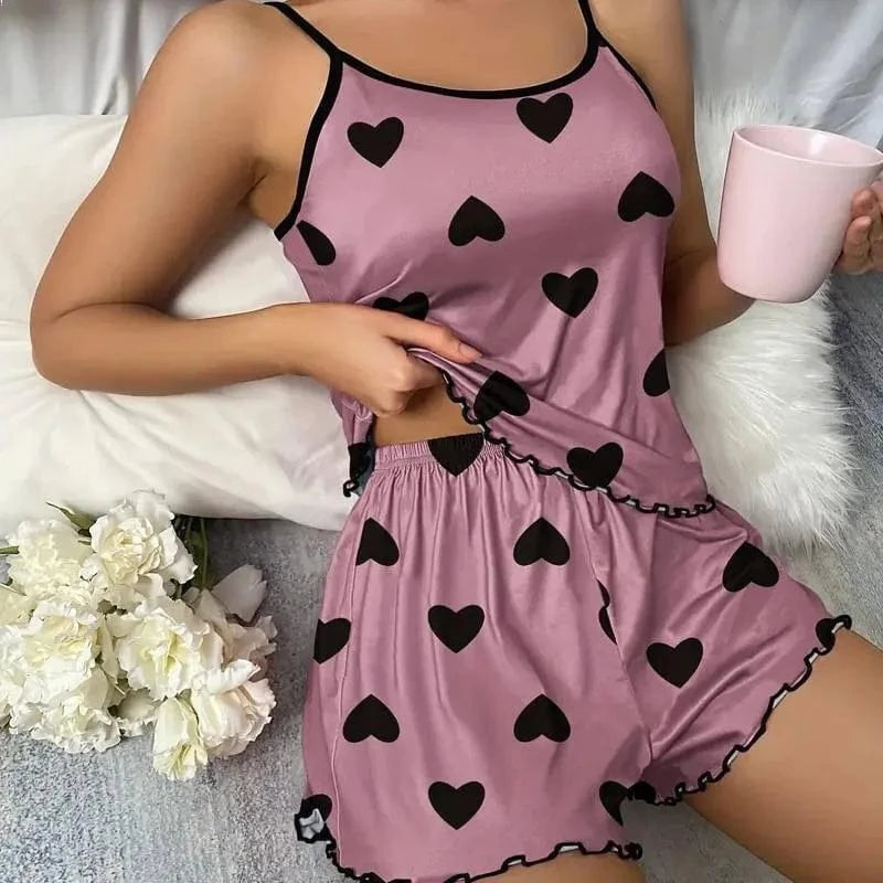 Women's Pajama Set Pajamas T-Shirts Shorts Pink Heart-Shaped Print Round Neck T-Shirt Ice Silk Top Comfortable Casual Summer - A-1 Thread Vault