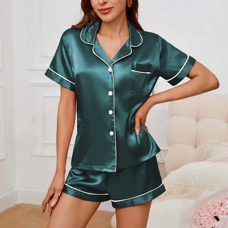 Women's Pajamas Set Satin Sleepwear Button Down Tops and Shorts Pajama 2 Piece Suit Pyjama Femme Nightwear Loungewear for Summer - A-1 Thread Vault