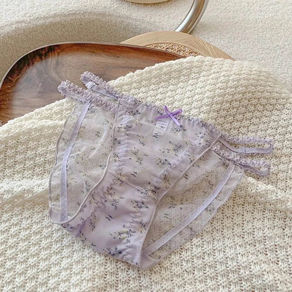 Women's panties Cross waistband Hipsters Low Rise Lace Strappy Panties Transparent Mesh Floral Pattern Sweet Bowknot sexy femal - A-1 Thread Vault
