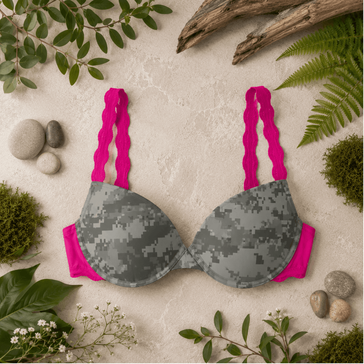 Women's Pink Camo Hunting Bra - Atlas Fuchsia Lace T-Shirt Bra - Wilderness Dreams - A-1 Thread Vault