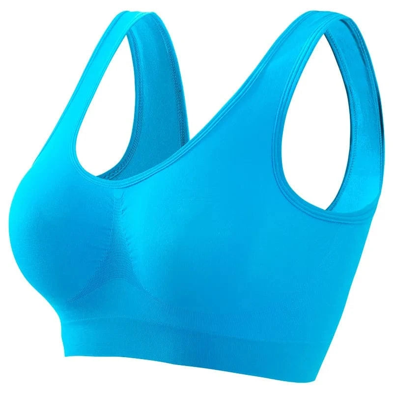 A bright blue sleeveless sports bra featuring a scoop neckline, wide shoulder straps, and a seamless knit construction.