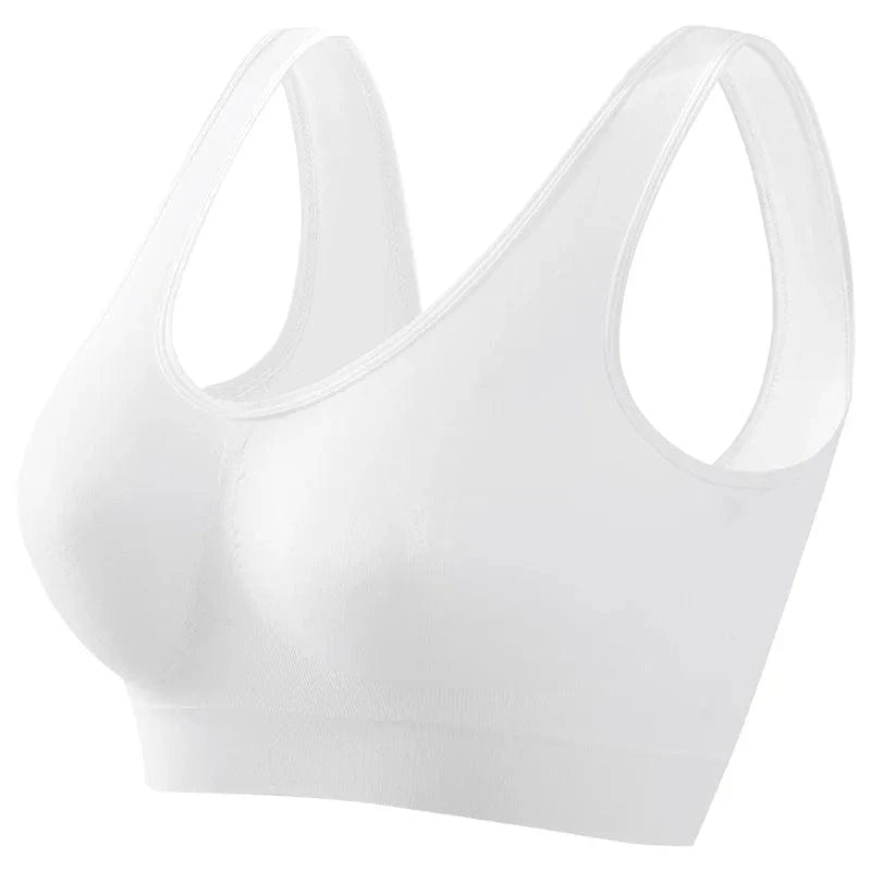 A plain white seamless sports bra with a scoop neckline and thick shoulder straps.