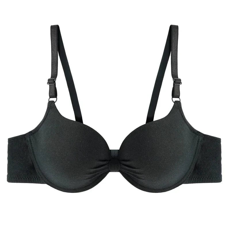 A black push-up bra featuring molded cups, thin adjustable shoulder straps, and a small gathered detail at the center front.