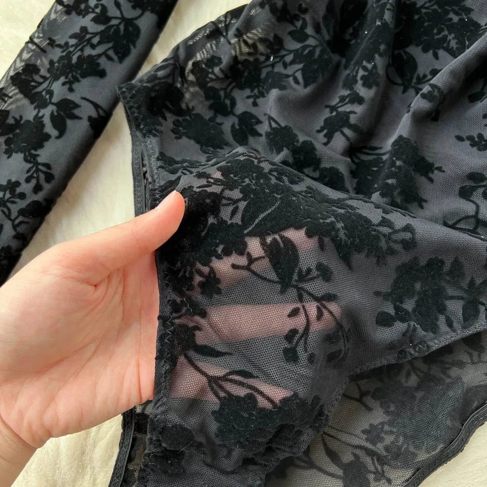Women's Sexy Lace Bodysuit Flocked Print Sheer Mesh Leotard Long Sleeve See Through Jumpsuit Clubwear Lingerie for Valentine Par - A-1 Thread Vault