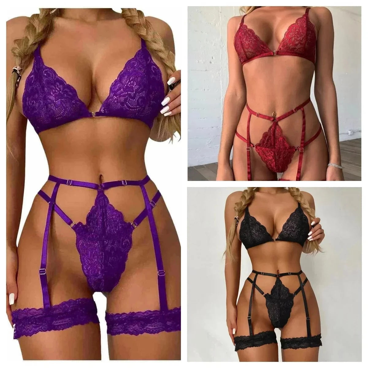 Women's Sexy Lingerie Set Lace Porn Costumes 3 Piece Push Up Bra G-String Garter Exotic Sets Lenceria Erotic Underwear For Sex - A-1 Thread Vault