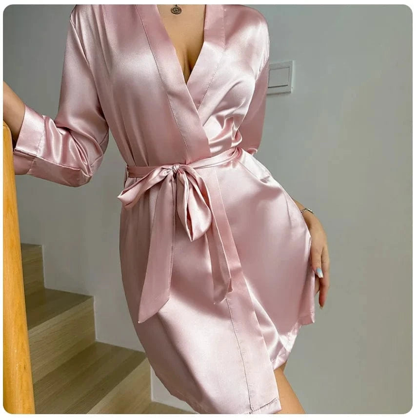 Women's Short Kimono Robe Silky Satin Bathrobe Bride Bridesmaids Getting Ready Sleepwear Soft Nightgown - A-1 Thread Vault