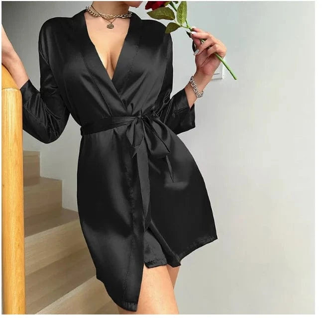 Women's Short Kimono Robe Silky Satin Bathrobe Bride Bridesmaids Getting Ready Sleepwear Soft Nightgown - A-1 Thread Vault