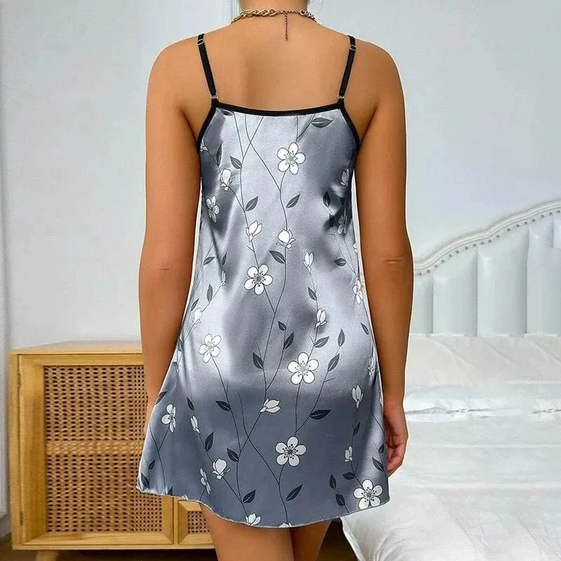 Women's Sleepdress Satin Floral Print Nightdress Comfortable Spaghetti Strap Sleepwear Dress Luxurious Satin Slip Nightdress - A-1 Thread Vault