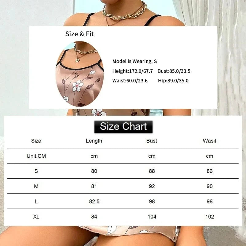Women's Sleepdress Satin Floral Print Nightdress Comfortable Spaghetti Strap Sleepwear Dress Luxurious Satin Slip Nightdress - A-1 Thread Vault
