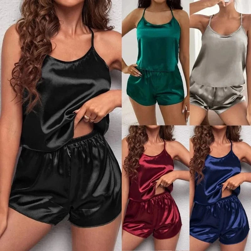 Women's Sleepwear Sexy Lace Satin Pajama Sets Nightwear Sleeveless Tops+Shorts 2 Pcs Sets Pyjama Sets for Women Pijama - A-1 Thread Vault