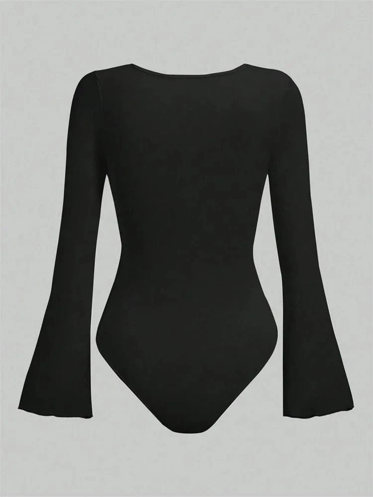 Women's Solid Color Ruffle Hem Flare Long Sleeve Bodysuit Autumn Winter 2024 Round Neck Plain Ruched Slim Fit Romper Top - A-1 Thread Vault