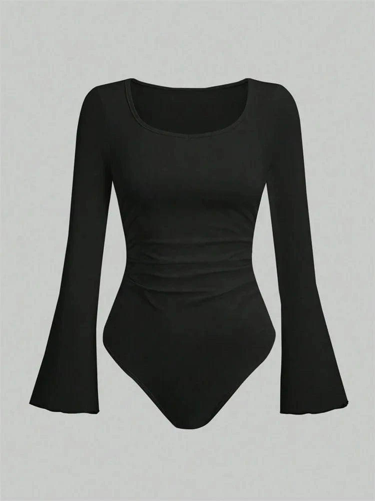 Women's Solid Color Ruffle Hem Flare Long Sleeve Bodysuit Autumn Winter 2024 Round Neck Plain Ruched Slim Fit Romper Top - A-1 Thread Vault