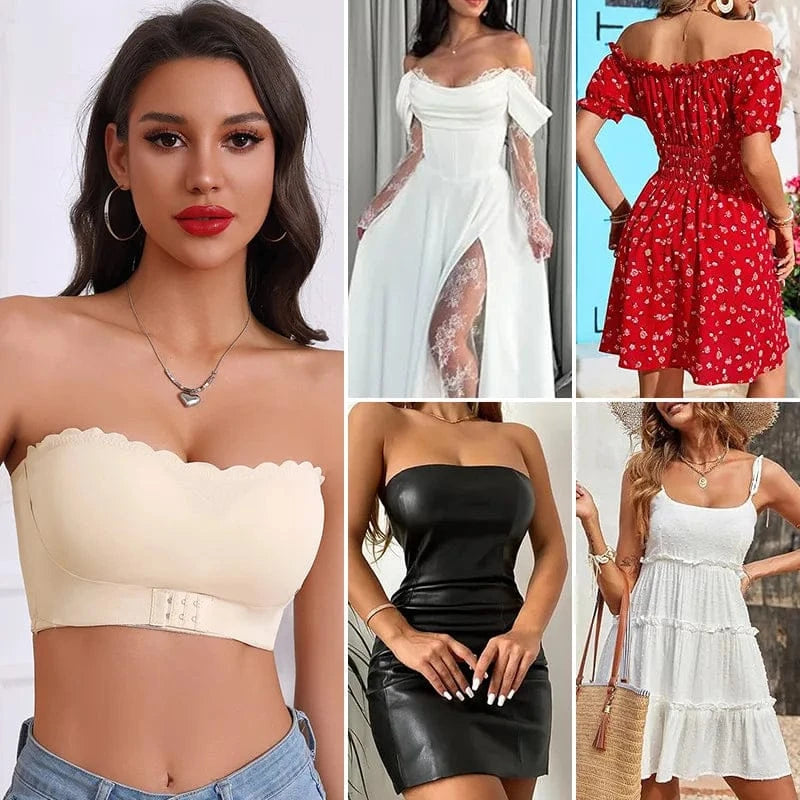 Women's Strapless Front Closure Bra Wireless Bandeau Non-slip Underwear Wavy Edge Chest Wraps Padded Push Up Tube Top Bralette - A-1 Thread Vault