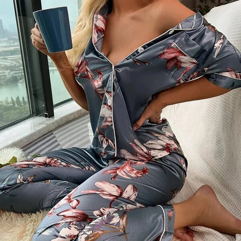 Women‘s Striped Printed Silk Satin Pajamas Summer Nightwear Trouser Suits Satin Set Woman 2 Pieces Short Sleeve Sleep Tops Night - A-1 Thread Vault