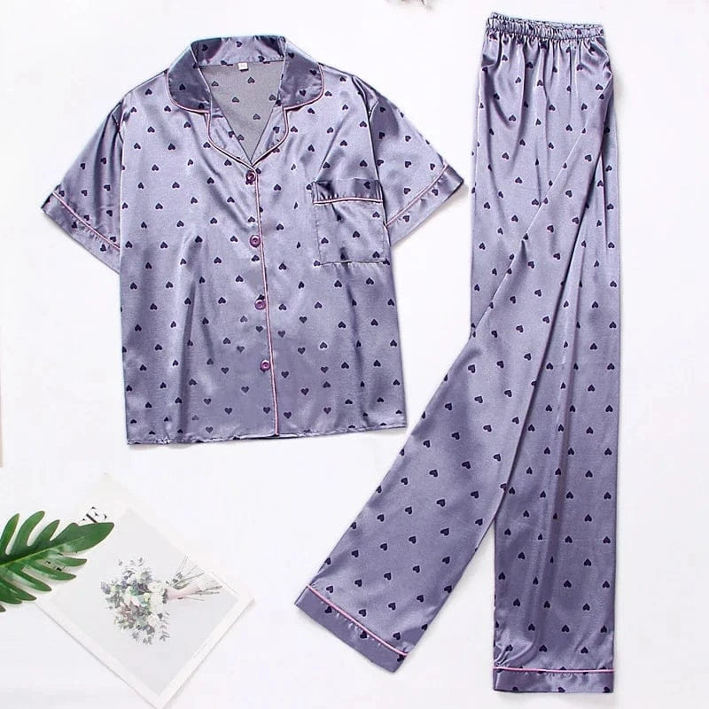 Women‘s Striped Printed Silk Satin Pajamas Summer Nightwear Trouser Suits Satin Set Woman 2 Pieces Short Sleeve Sleep Tops Night - A-1 Thread Vault