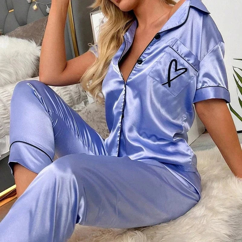 Women‘s Striped Printed Silk Satin Pajamas Summer Nightwear Trouser Suits Satin Set Woman 2 Pieces Short Sleeve Sleep Tops Night - A-1 Thread Vault