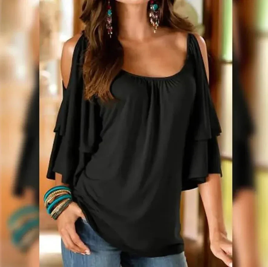 Women's T-Shirt Plain Ruffle Cold Shoulder Short Sleeve - A-1 Thread Vault