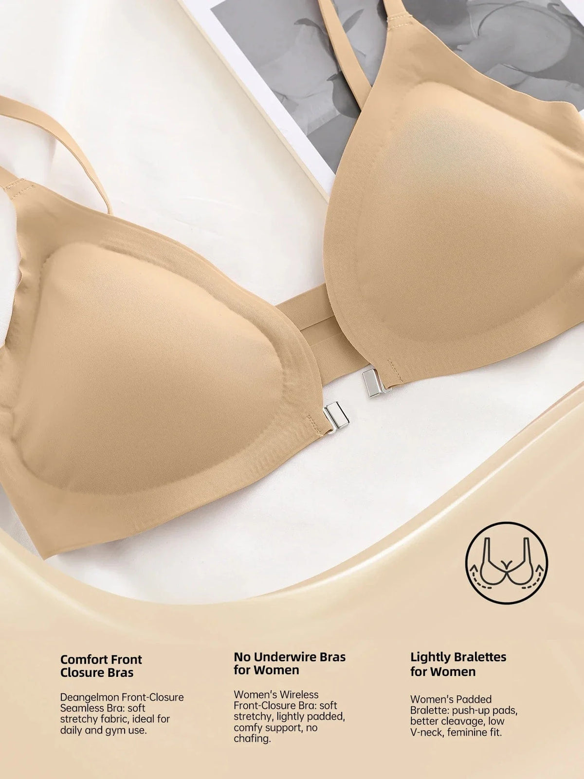 Women's Wireless Front Closure Push-Up Bras - 7 Pack Colored Seamless T-Shirt Lingerie with Removable Padding - A-1 Thread Vault