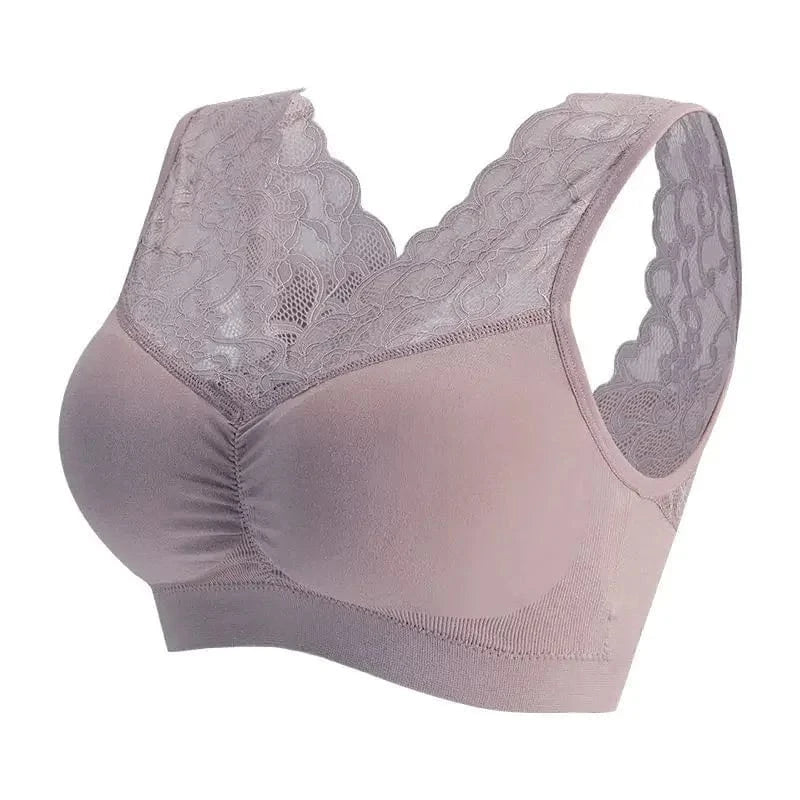 A mauve-colored wireless bralette with wide lace shoulder straps and lace trim along the neckline against a white background.