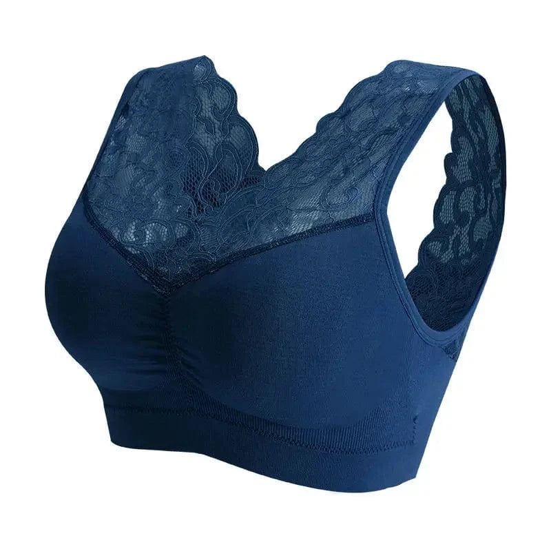 A navy blue wireless V-neck bralette featuring delicate lace trim along the neckline and wide shoulder straps.