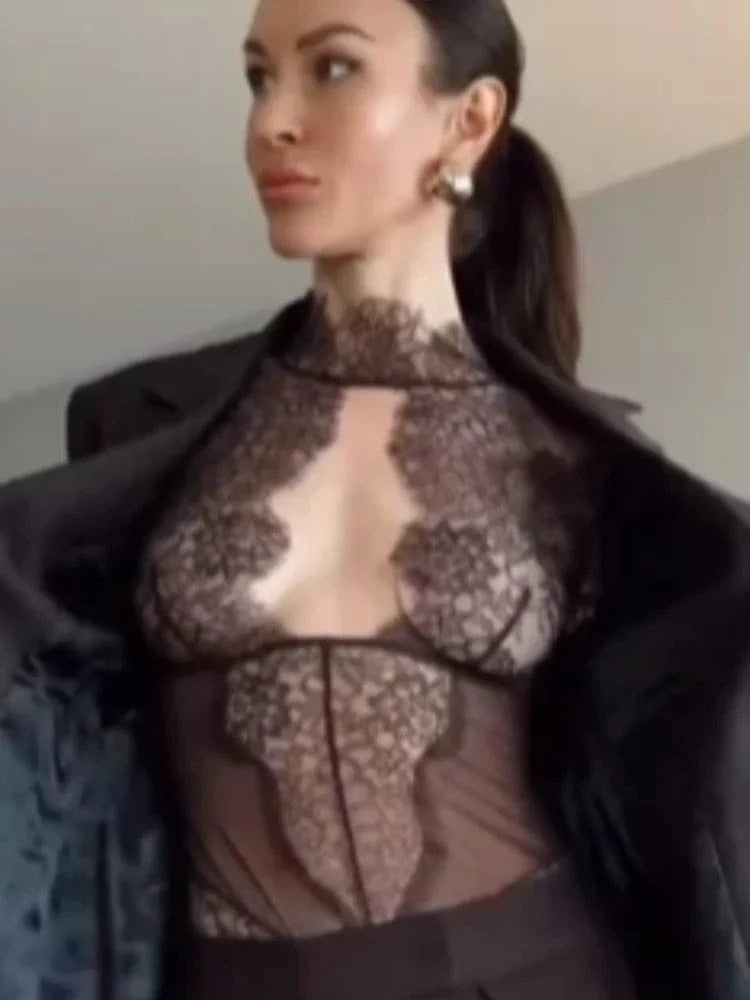 Women Sexy Lace Reflective One-piece Suit Chic Hollow-out Long Sleeve See Through Set 2026 Fashion Lady Street Party Club Outfit - A-1 Thread Vault