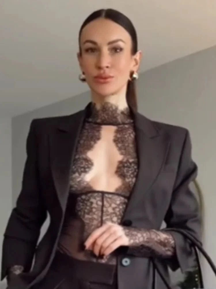 Women Sexy Lace Reflective One-piece Suit Chic Hollow-out Long Sleeve See Through Set 2026 Fashion Lady Street Party Club Outfit - A-1 Thread Vault