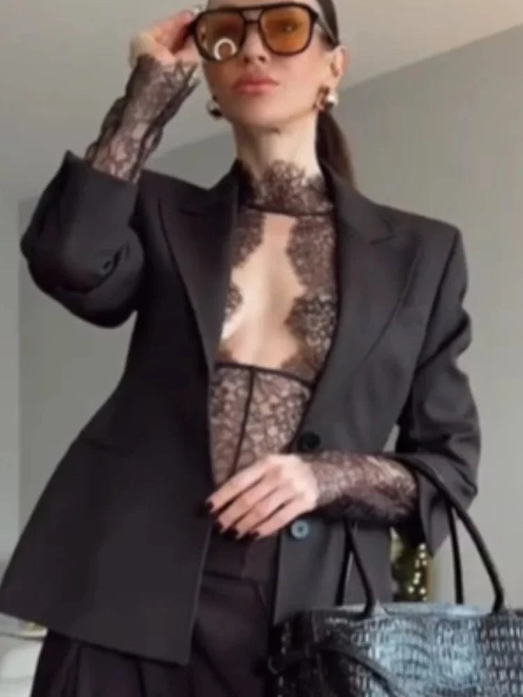 Women Sexy Lace Reflective One-piece Suit Chic Hollow-out Long Sleeve See Through Set 2026 Fashion Lady Street Party Club Outfit - A-1 Thread Vault