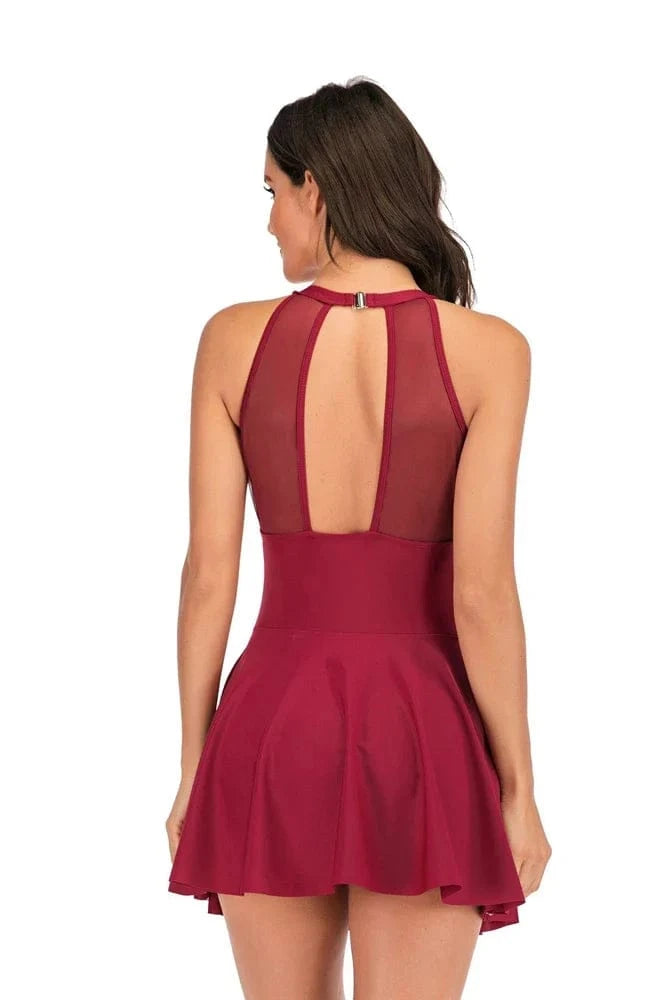 Women Swimdress With Shorts Sexy Hollow Out Mesh Swimwear 1 Piece Slim Black/Red/Dark Blue Solid Swimsuit Light luxury Beachwear - A-1 Thread Vault