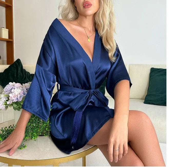 Women Wedding White Bride Robe Morning Gown 3/4 Sleeve Sleepwear Loose Nightgown Female Silk Satin Kimono Bathrobe Lingerie - A-1 Thread Vault