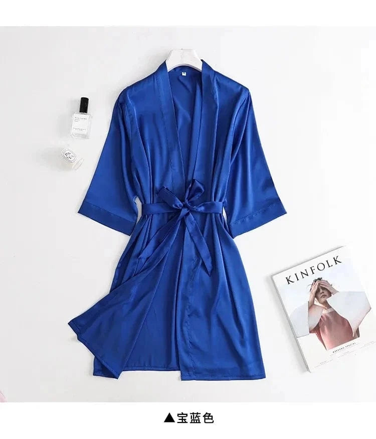 Women Wedding White Bride Robe Morning Gown 3/4 Sleeve Sleepwear Loose Nightgown Female Silk Satin Kimono Bathrobe Lingerie - A-1 Thread Vault