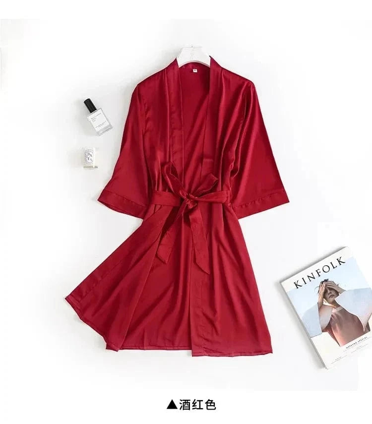 Women Wedding White Bride Robe Morning Gown 3/4 Sleeve Sleepwear Loose Nightgown Female Silk Satin Kimono Bathrobe Lingerie - A-1 Thread Vault