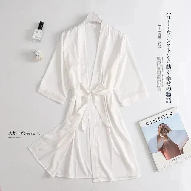 Women Wedding White Bride Robe Morning Gown 3/4 Sleeve Sleepwear Loose Nightgown Female Silk Satin Kimono Bathrobe Lingerie - A-1 Thread Vault