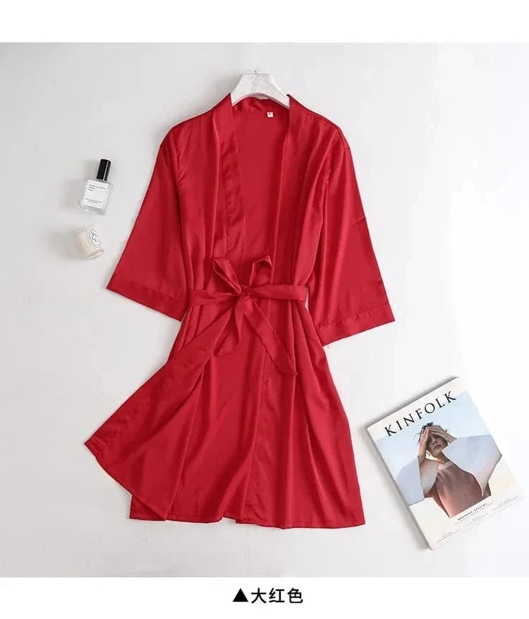 Women Wedding White Bride Robe Morning Gown 3/4 Sleeve Sleepwear Loose Nightgown Female Silk Satin Kimono Bathrobe Lingerie - A-1 Thread Vault