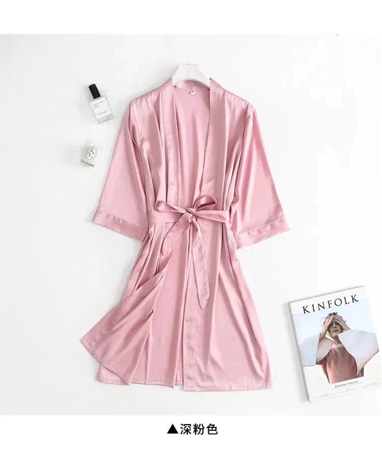 Women Wedding White Bride Robe Morning Gown 3/4 Sleeve Sleepwear Loose Nightgown Female Silk Satin Kimono Bathrobe Lingerie - A-1 Thread Vault