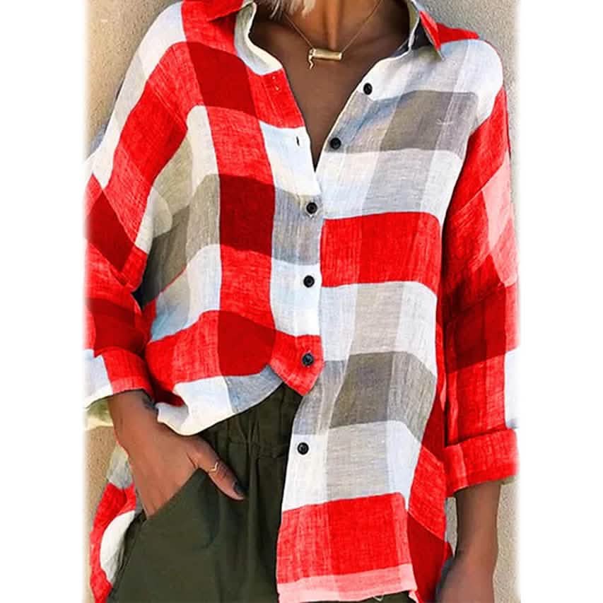 Women's Basic Loose Checkered Long Sleeve Shirt - A-1 Thread Vault