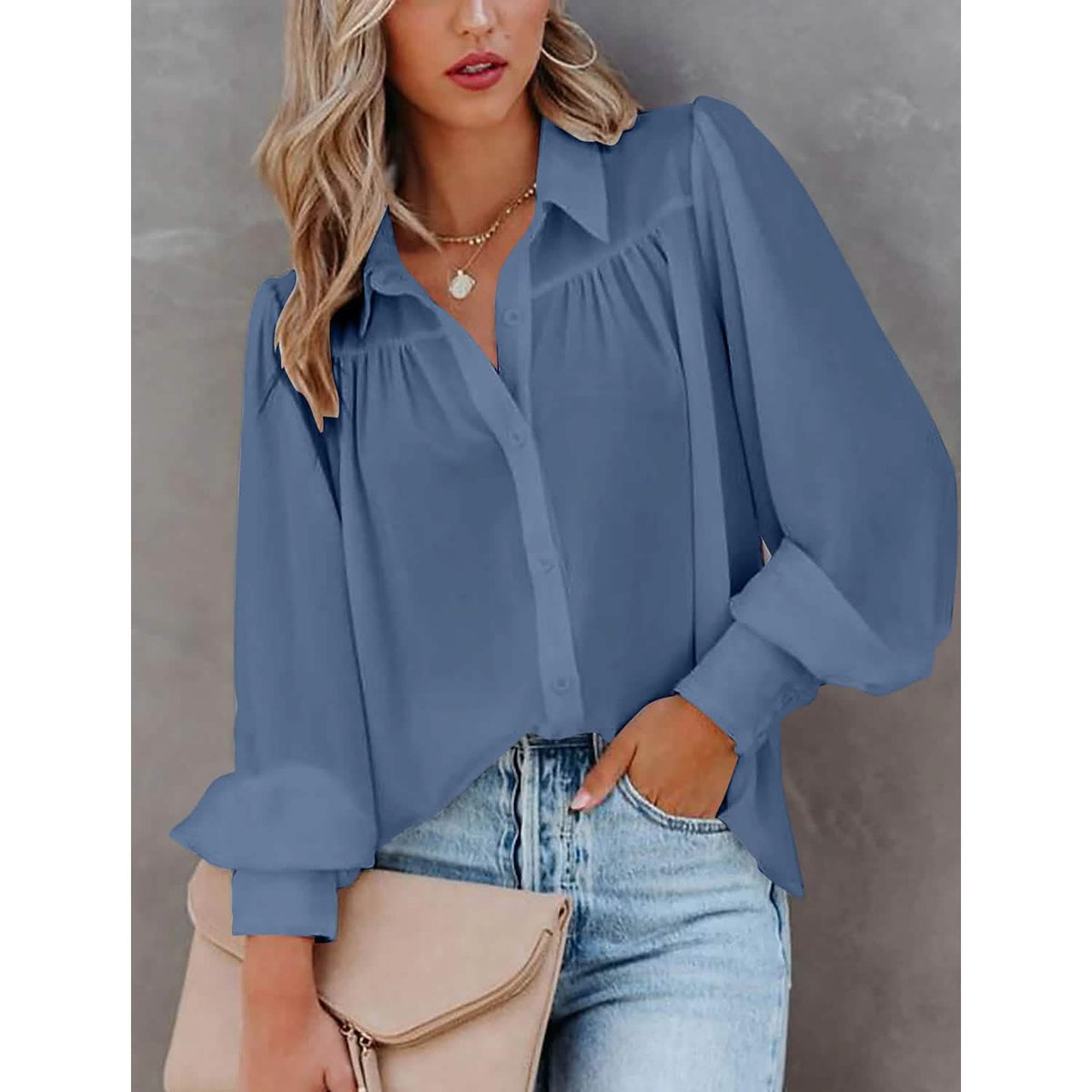 Womens Blouse Shirt Plain Button Long Sleeve - A-1 Thread Vault