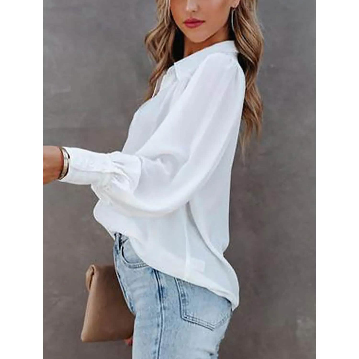 Womens Blouse Shirt Plain Button Long Sleeve - A-1 Thread Vault