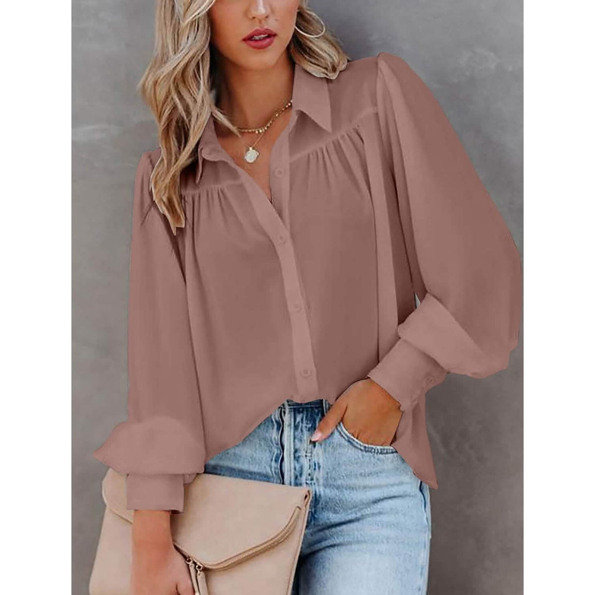 Womens Blouse Shirt Plain Button Long Sleeve - A-1 Thread Vault